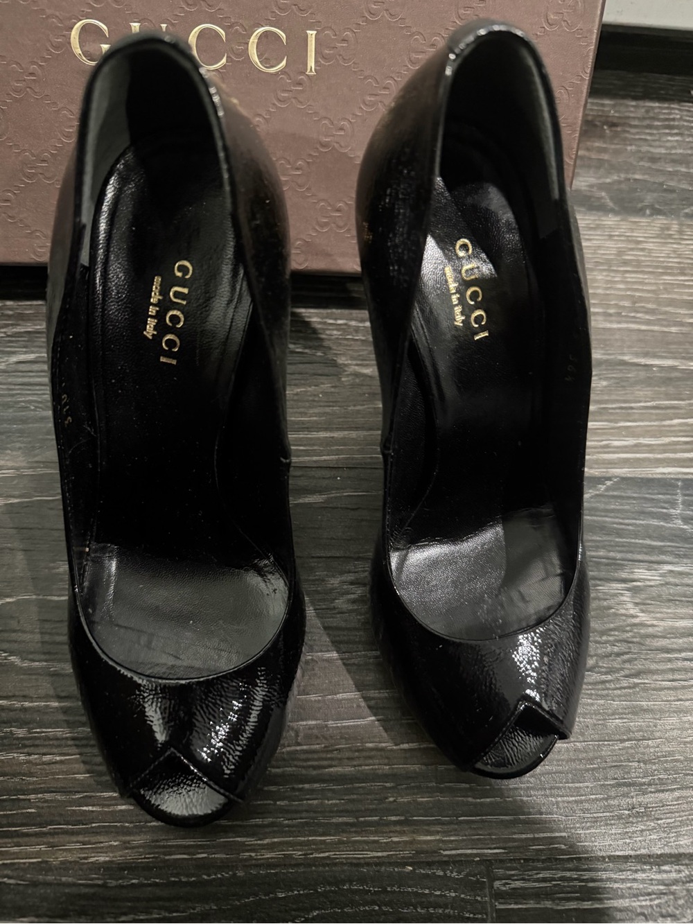 Gucci Black Patent Leather Peep-Toe High Heels